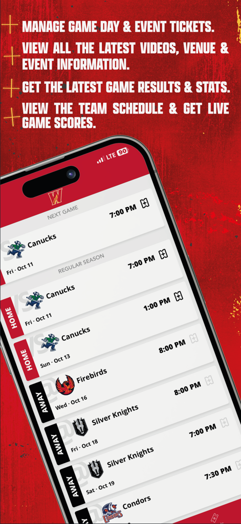 Calgary Flames App - Calgary Flames mobile app screen showing team schedule and ticket management features
