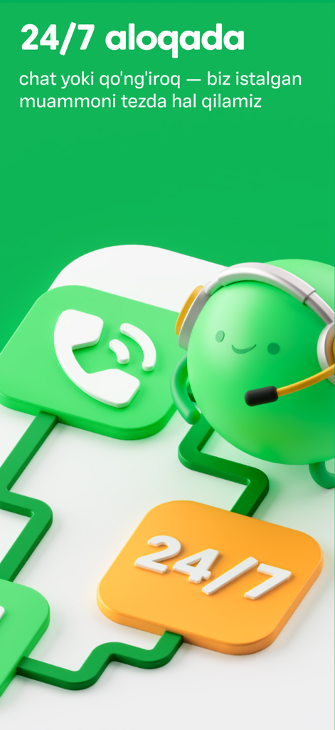 Paynet app 24/7 customer support via chat or call featuring a mascot with headphones.