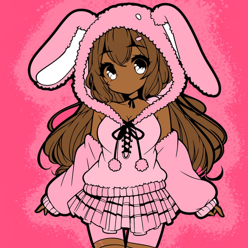pretty anime girl wearing a fluffy hoodie with bunny ears on the hood and a skirt