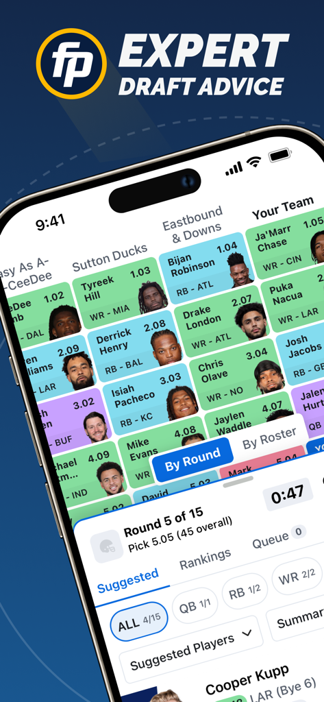 Fantasy Football Draft Wizard - A mobile screen showing the Fantasy Football Draft Wizard app interface with a draft board and expert player recommendations