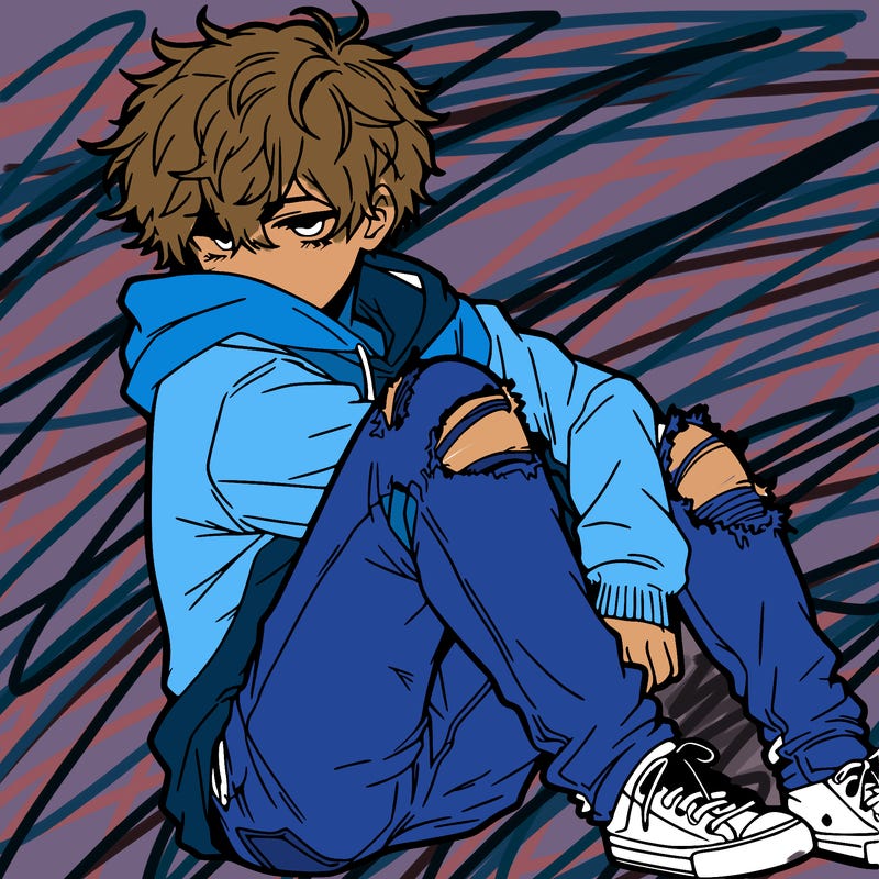 a male hoddie ripped jeans messy hair anime
