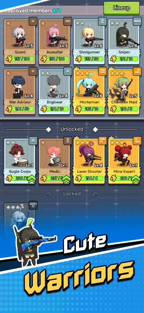 Survival Shelter - Lineup menu in Survival Shelter showing a collection of cute warrior character cards.