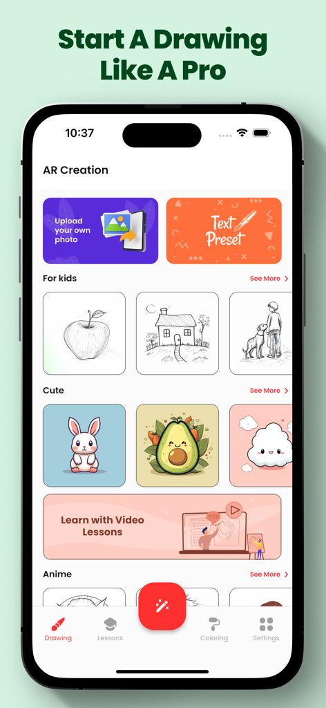 Interfaz de la aplicación AR Drawing que muestra categorías de dibujo para niños y anime junto con opciones de tutoriales en video