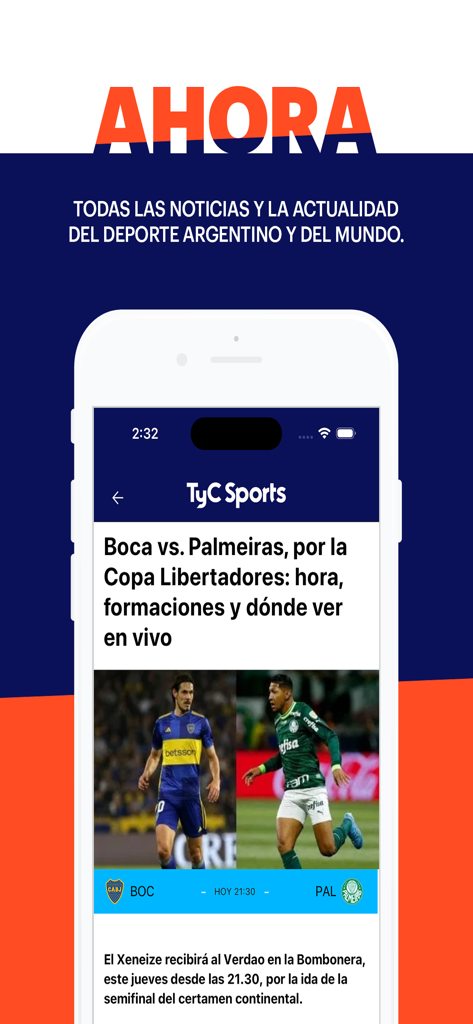 TyC Sports - TyC Sports mobile app interface displaying a soccer news article about Boca Juniors