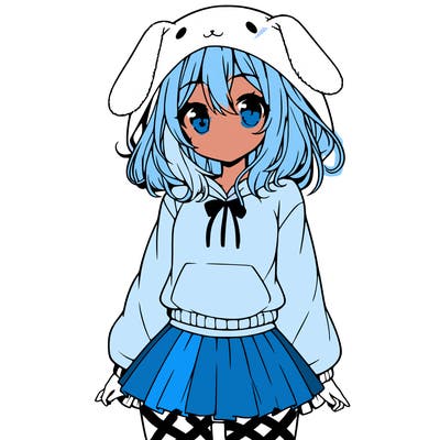 pretty anime girl wearing a fluffy hoodie with bunny ears on the hood and a skirt