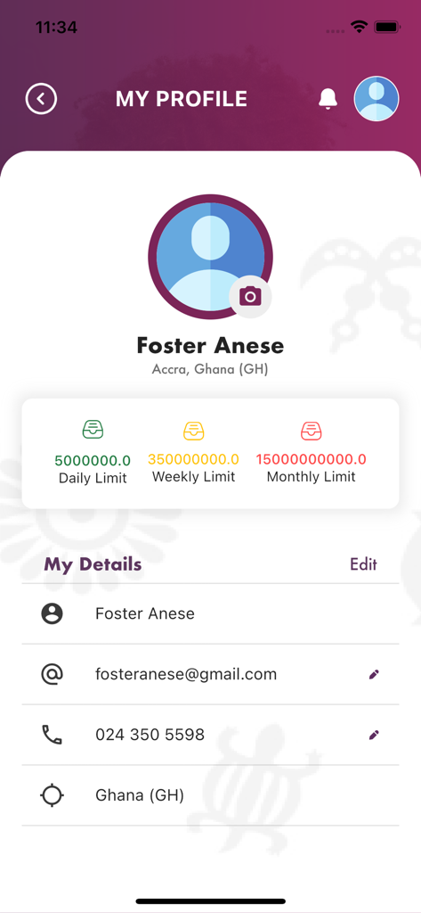 FlexiPAY App - FlexiPAY app user profile screen displaying personal account details and transaction limits