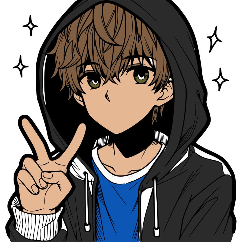 teenage manga boy in a hoodie, doing ✌