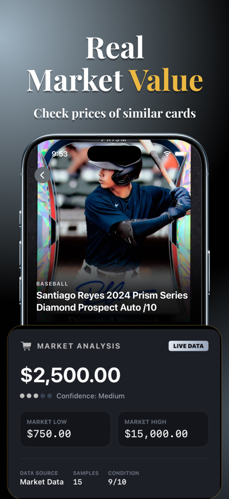 Cardex: Sports Card Scanner - Cardex app interface showing real market value and analysis for a rare baseball card