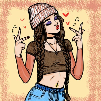 realistic teenage girl with braids and a beanie and crop top doing 🫶🏼