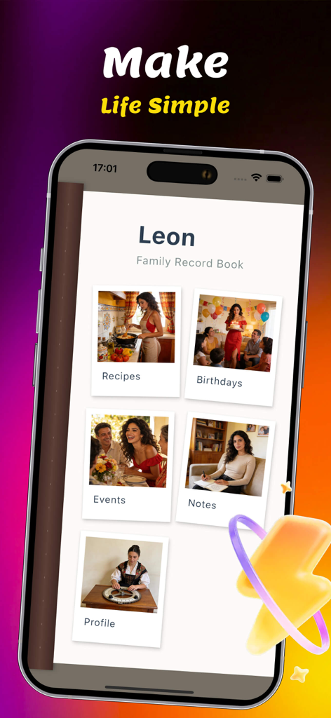 Leon- - Leon family record book app displaying categories for recipes birthdays events and notes