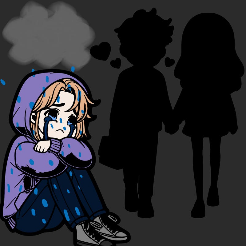 a teenage girl in a hoodie crying on the floor watching a handsome boy and preppy girl walking away holding hands + smiling