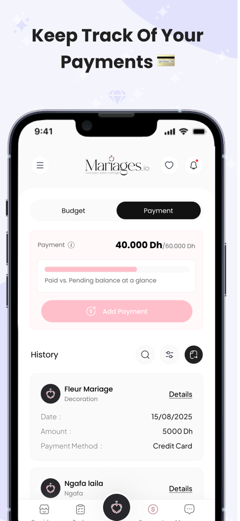 Une interface mobile de Mariages.io affichant l'historique des paiements de mariage et le suivi du solde