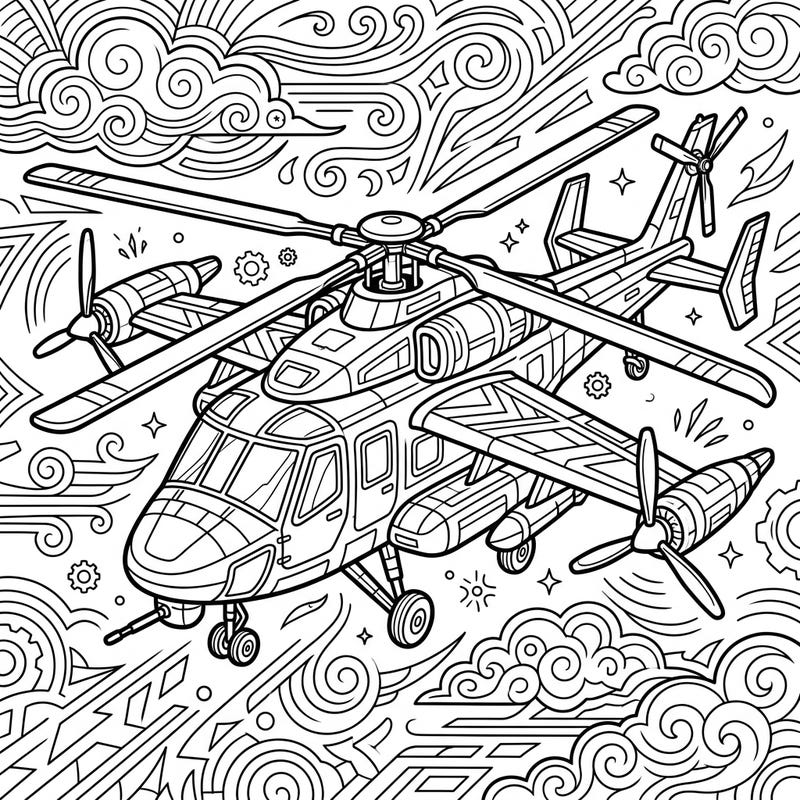 Discover the engineering marvel of a compound helicopter with this detailed coloring page, featuring its unique blend of rotary and fixed-wing characteristics. Perfect for aviation enthusiasts, it promises an engaging and educational coloring experience.