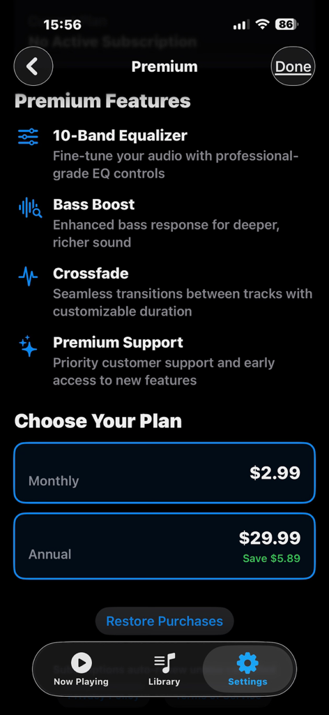 Whymzy Music Player - Whymzy Music Player premium features and subscription plans screen