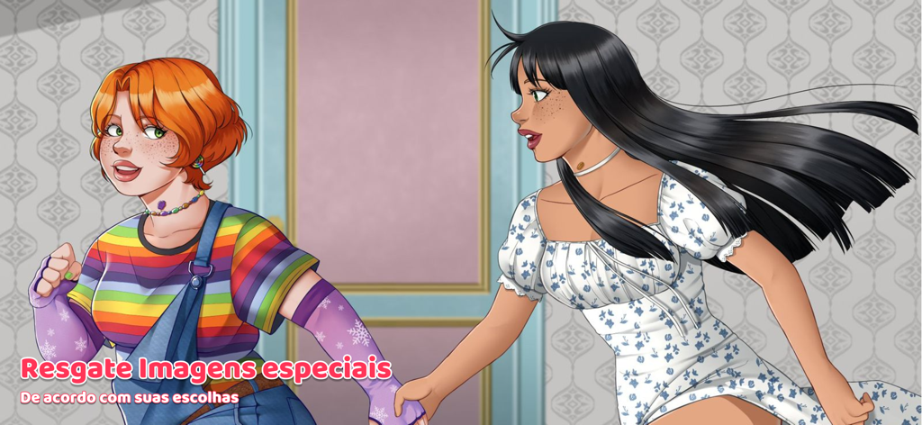 Entre Laços e Amassos - Two female characters holding hands in a romantic visual novel game scene