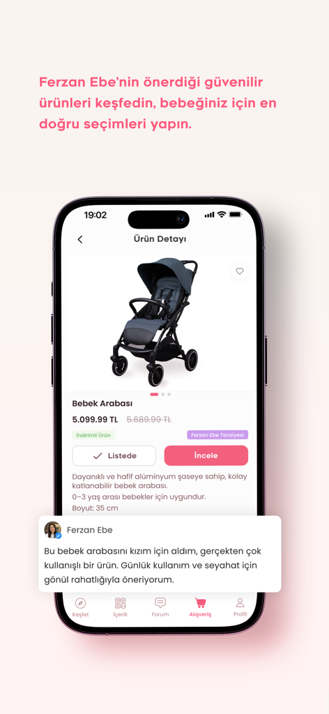 Mobile app screen showing a baby stroller for sale with a featured expert recommendation and product details