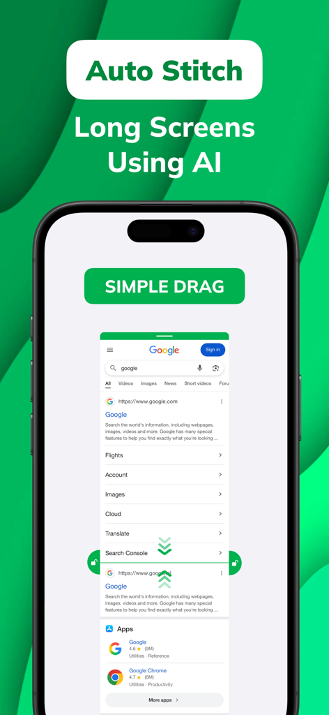 Photo Stitch app interface showing auto stitching of long screenshots using AI