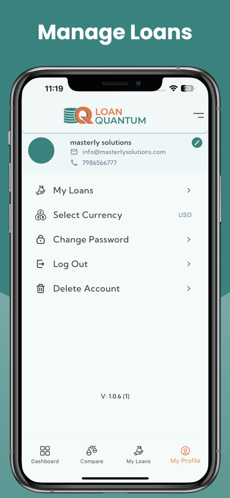 LoanQuantum - Pantalla de configuración de perfil y cuenta en la aplicación LoanQuantum