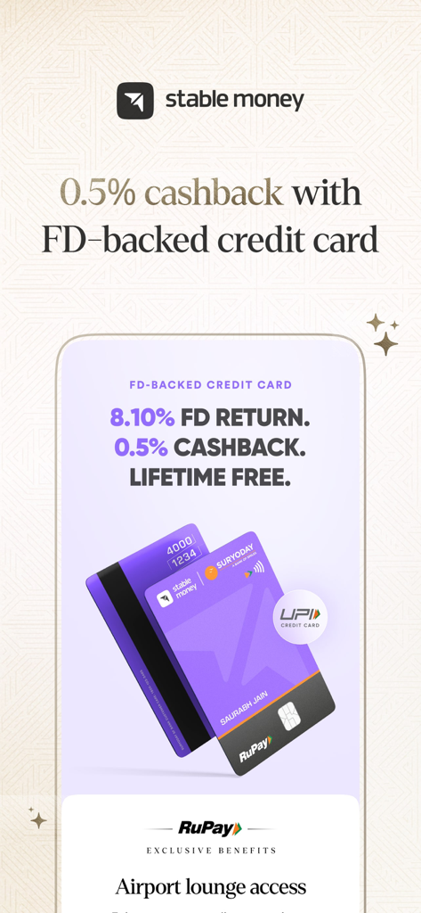 Stable Money promotional screen showing an FD-backed credit card with 0.5 percent cashback and airport lounge access.
