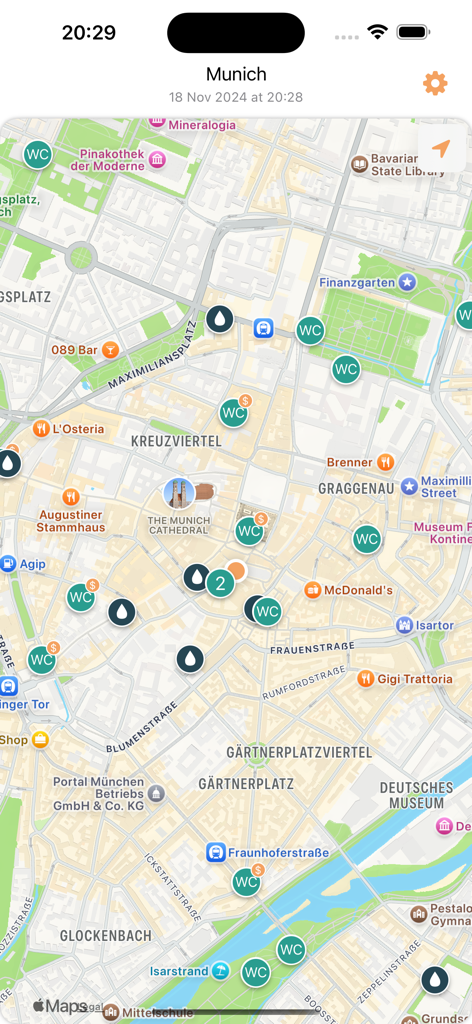 Water Finder — Find Fountains - Map interface of the Water Finder app showing locations of water fountains and public restrooms in a city
