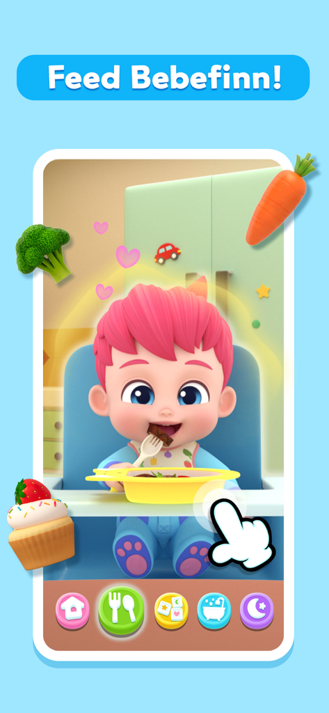 Bebefinn Baby Care - Bebefinn sitting in a high chair being fed healthy vegetables