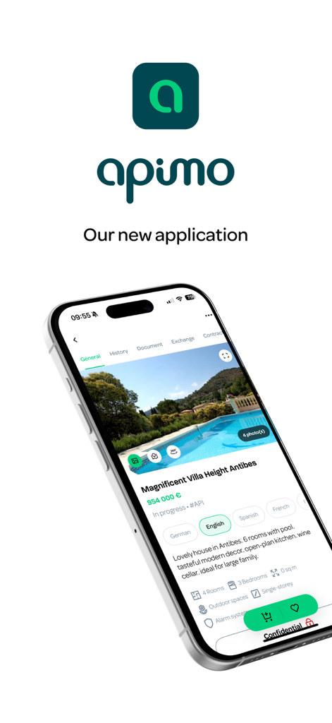 Apimo - Smartphone displaying the Apimo real estate app with a luxury villa listing.
