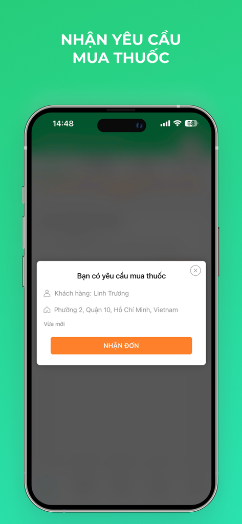 Medigo Đối Tác - Smartphone screen showing a medicine purchase request notification in the Medigo Partner app