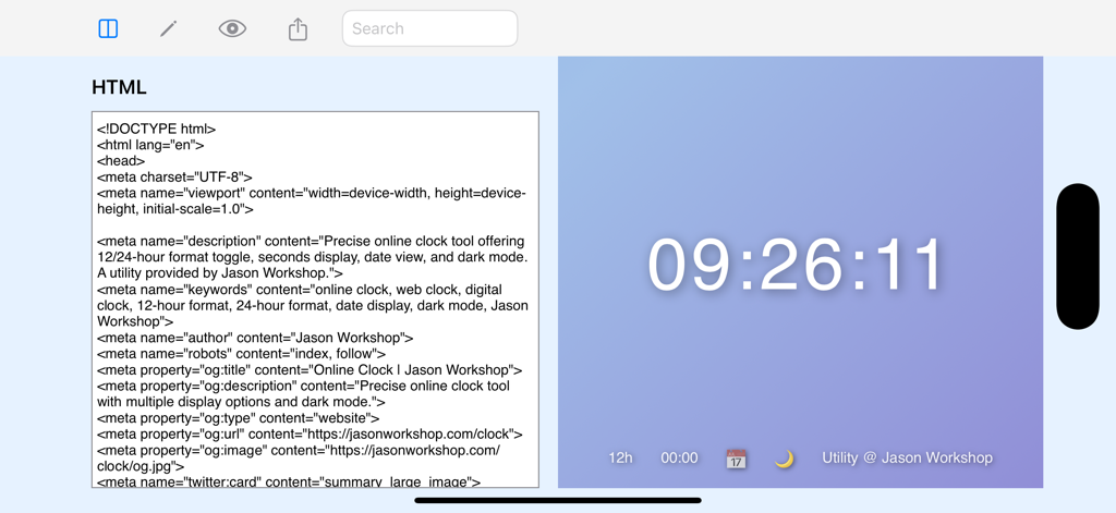 HTML Editor plus app interface in split view mode showing code editor and live preview of a digital clock.