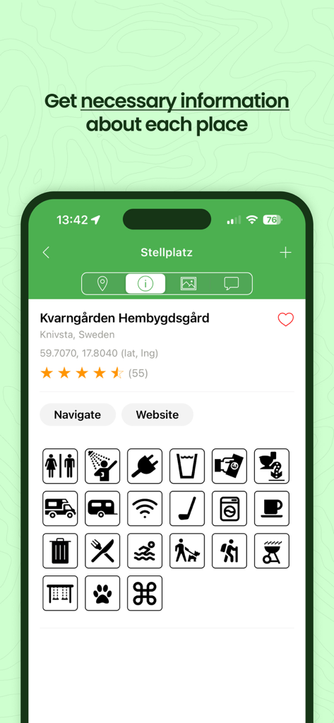 Stellplatz Europe app interface showing RV campsite amenities and location details