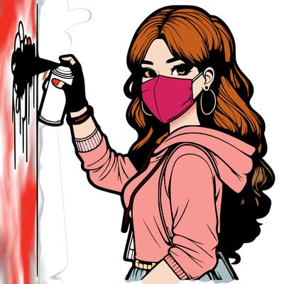 realistic girl with mask spray painting a wall