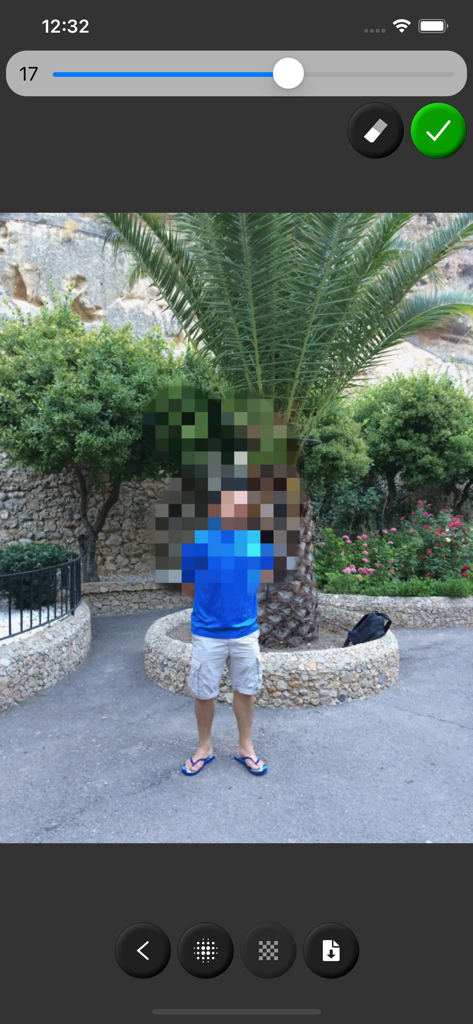 Blur Image - A screenshot of the Blur Image app showing a pixelated person for privacy.