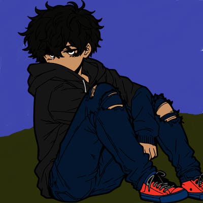 a male hoddie ripped jeans messy hair anime