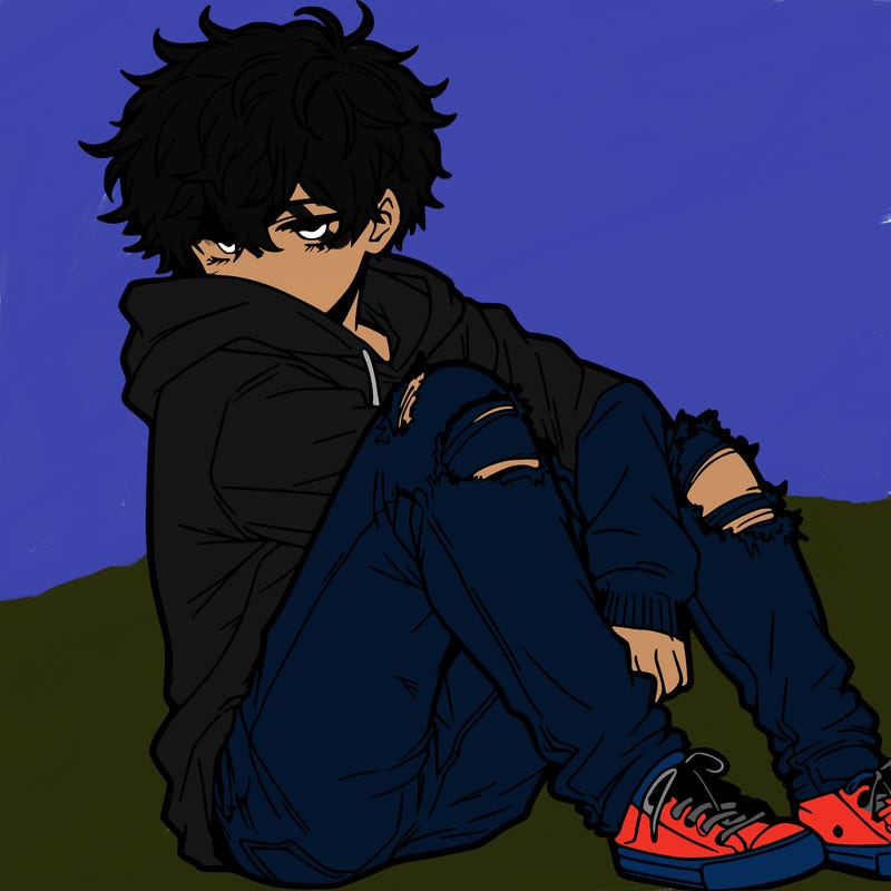 a male hoddie ripped jeans messy hair anime