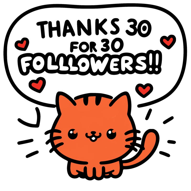 kitty saying "thanks for 30 followers!!"