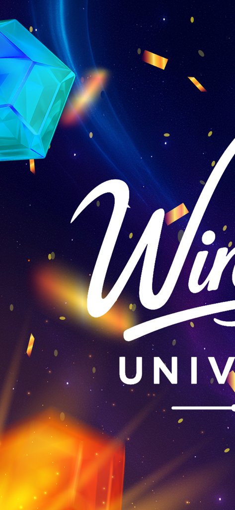 Écran titre du jeu WinStar Universe avec un fond cosmique étoilé, des cristaux célestes et des confettis dorés