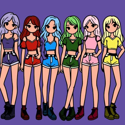 a group of girls wearing crop tops and shorts