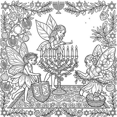 Immerse yourself in a festive Hanukkah celebration with our unique Flower Fairies coloring page. This enchanting design brings together the magic of nature's sprites with traditional Hanukkah symbols for a truly special creative experience.