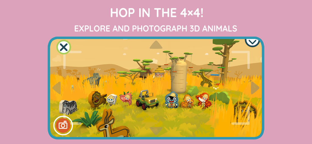 Pango safari builder for kids - Un grupo de animales y un vehículo 4x4 en un entorno de sabana dentro de la interfaz de Pango Safari Builder.