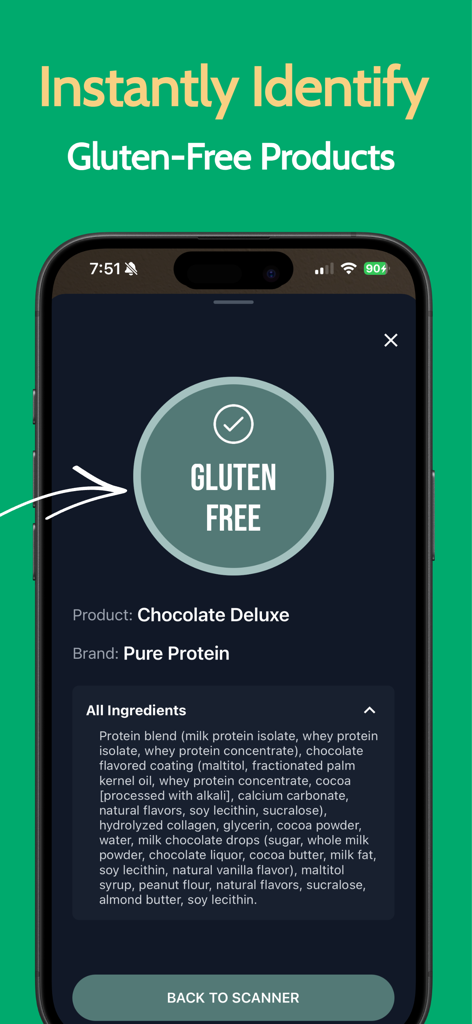 Gluten Free Scanner: Is It GF? - Tela de aplicativo de smartphone mostrando uma confirmação sem glúten e lista de ingredientes de uma barra de proteína