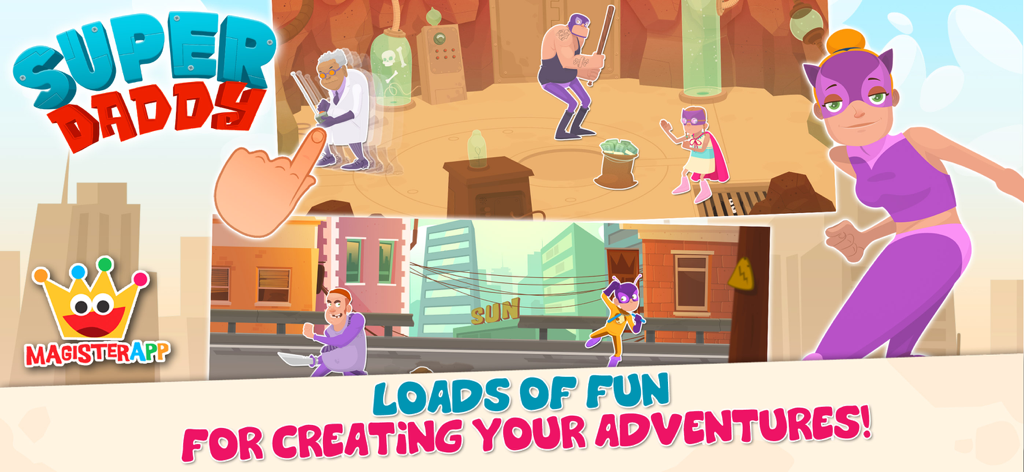 Super Daddy - Dress Up a Hero - Gameplay scenes of Super Daddy dress up hero app showing various superhero characters and missions