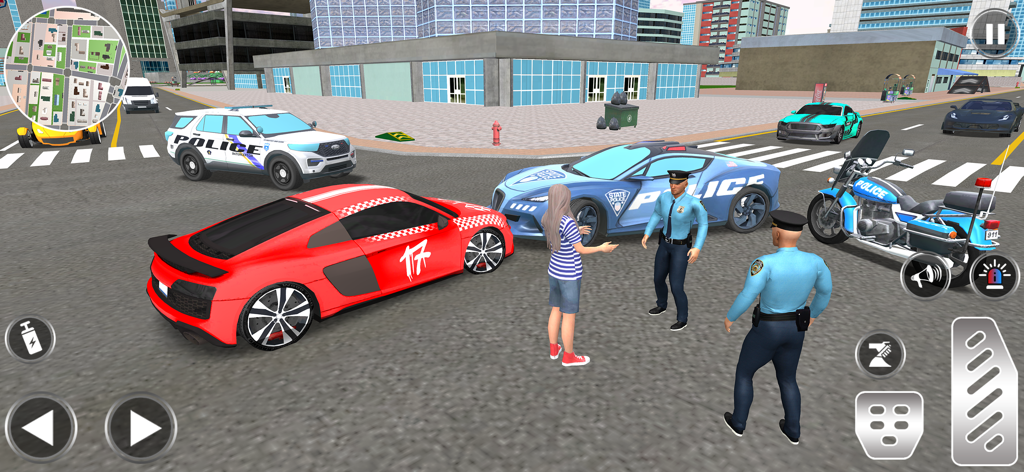 City Patrol: Police Chase 3D - Un coche deportivo rojo detenido por oficiales de policía en una calle de la ciudad en el juego móvil City Patrol Police Chase 3D