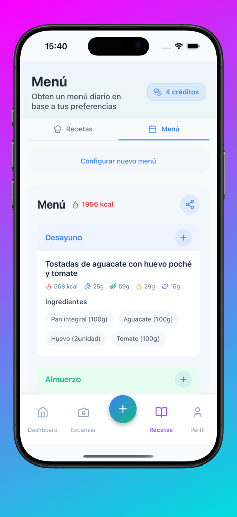 ScanCal - Mobile interface of the ScanCal app displaying a daily menu with a detailed breakfast recipe for avocado toast including calories and macronutrients.