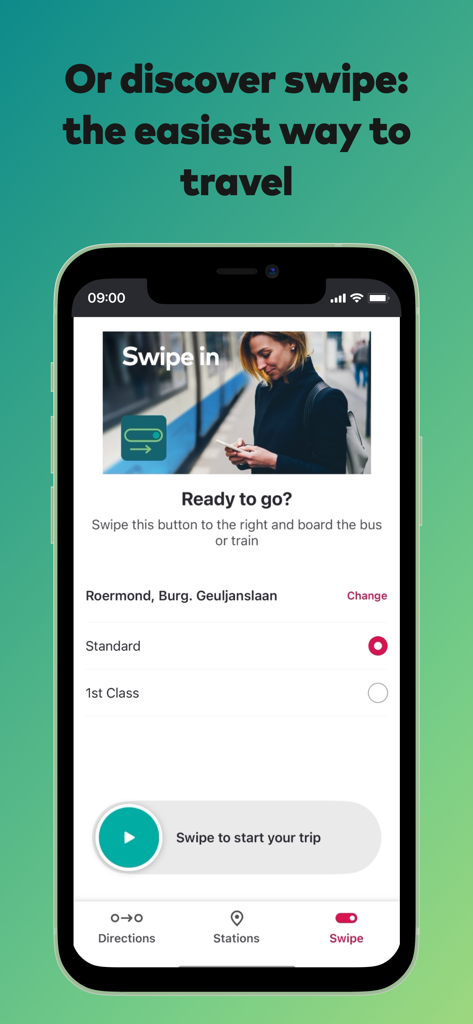 Glimble: public transport - Glimble app interface showing the swipe to start your trip feature for public transport