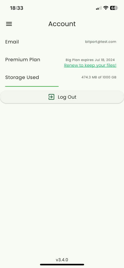 Bitport app account screen showing user email storage status and premium subscription