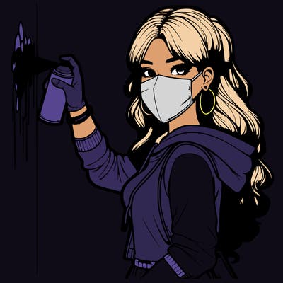 realistic girl with mask spray painting a wall