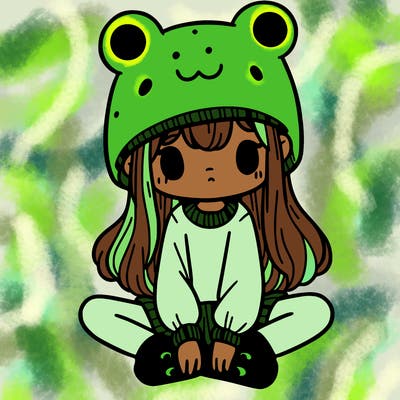 a girl wearing a frog hat and some frog socks