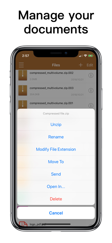 UnRAR - zip,rar,7z file opener - Una interfaz móvil que muestra opciones para descomprimir, renombrar y mover archivos comprimidos dentro de la utilidad UnRAR.