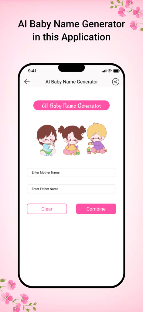Couple Name Combiner AstroNams - Interface of the AstroNams app showing the AI baby name generator screen with name input fields and a combine button.