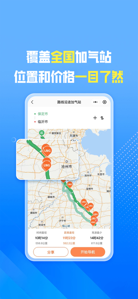 车旺大卡-货车定位导航手机管车 - Interfaz de aplicación móvil que muestra un mapa de ruta de camiones con estaciones de GNL marcadas a lo largo del camino.