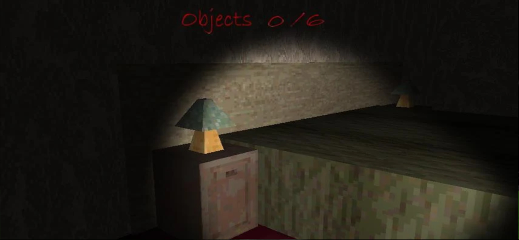 Slendrina - Gameplay screenshot showing a flashlight illuminating a dark bedroom with a quest counter in Slendrina